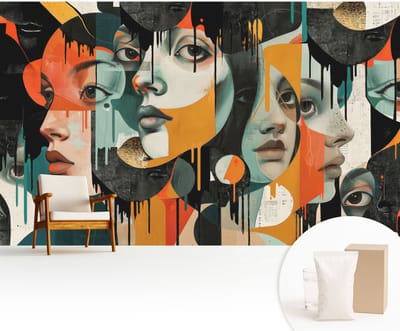 Wallfluent Behang - Kleurrijke gezichten Vliesbehang - 416x254 cm - Zwart Behang - Voor natuurliefhebbers en liefhebbers van lentelandschappen - Behang Voor de slaapkamer, woonkamer en hal - Wanddecoratie Deel
