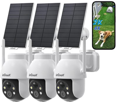 ieGeek Beveiligingscamera Draadloos Buiten - 2K Solar Wifi Camera - voor Huisbeveiligingssysteem - Batterijgevoede Bewakingscamera met Zonnepaneel - 360° PTZ - Kleuren Nachtzicht - Bewegingssensor - Werkt met Alexa - 3 Stuks