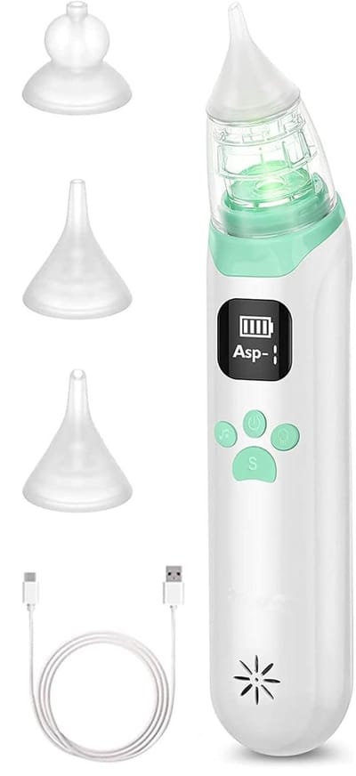 Neusreiniger baby - Snoetenpoetsers - Neuszuiger voor baby's - Elektrische neuszuigers - 3 siliconen tips en 3 zuigstanden - Anti-terugstroom snotzuiger - Voor pasgeborenen en peuters - Verzachtende functie met muziek en licht