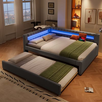 DESMIU Dagbed 140 x 200 cm Zonder Matras - Dagbed Met Led Lichtstrip En Uittrekbed - Usb En Type-c - Linnen - Grijs