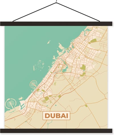 Posterhanger incl. Poster 60x60 cm - Schoolplaat - Dubai - Kaart- Stadskaart - Plattegrond - Vintage - Textielposter - Zwarte latten - Stadskaart