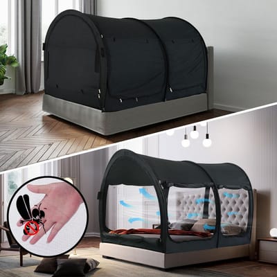 2-in-1 Bed Kooi Tent voor Volwassenen - Pop-Up Slaaptent met Privacy Gordijnen - Ademend Grijs