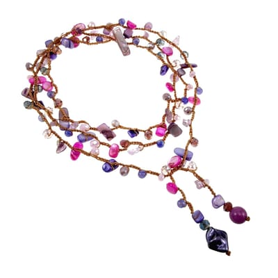 Multifunctionele Ketting van 160cm met Natuursteen, Gehaakte Ketting Dames, Paars-Roze, Schelpen en Kristallen - Handgemaakt