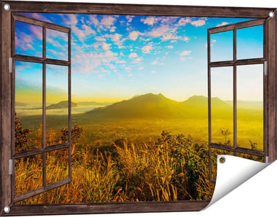 Gards Tuinposter Doorkijk Bergen met Mist in Thailand - 90x60 cm - Tuindoek - Tuindecoratie - Wanddecoratie buiten - Tuinschilderij