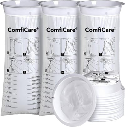 ComfiCare® Spuugzakjes 15 stuks - Braakzakjes - Kotszakjes - Spuugzakjes met ring - Spuugzakken 1L - Kotszakjes met ring - Spuugzak - Spuugzakjes onderweg - Overgeefzakjes - Met maataanduiding - Vomit bag 1000 ml - Wit