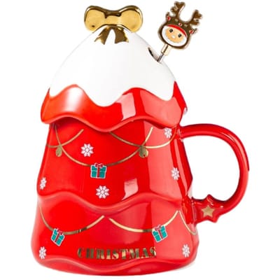 Kerst Mok Set met Deksel en Lepel 500 ml Keramische Mok voor Glühwein Koffie Cacao Kerst red