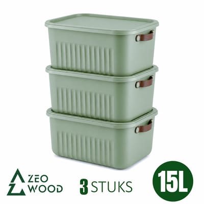 Zeo Wood® - Opbergbox met Deksel - Opbergdozen met Deksel - Opbergmand met Deksel - Set van 3 - 15L - Groen