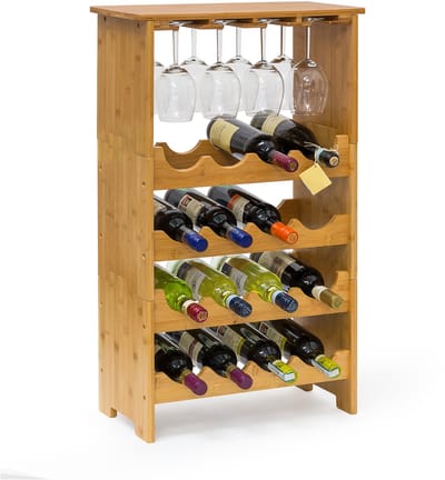Wijnrek - 84 x 50 x 24 cm - Bamboe - Stapelbaar - 16 flessen + 12 glazen