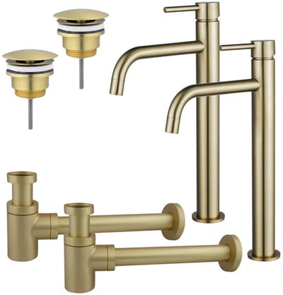 FugaFlow Eccelente Sobrado Badkamer Slim Wastafelkraanset - voor dubbele wastafel - verhoogde wastafelkraan - always open plug - verlaagde design sifon - PVD Geborsteld Messing