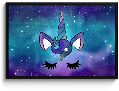 Poster in lijst - Fotolijst 90x60 cm - Posters - Eenhoorn - Sterrenhemel - Ster - Blauw - Posterlijst zwart - Decoratie - Wanddecoratie woonkamer - Muurdecoratie slaapkamer