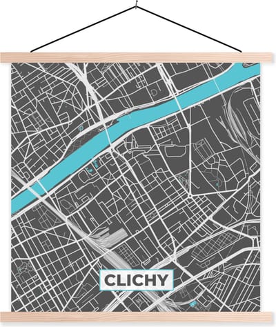 Posterhanger incl. Poster 40x40 cm - Schoolplaat - Clichy - Frankrijk - Plattegrond - Kaart - Stadskaart - Textielposter - Blanke latten - Stadskaart