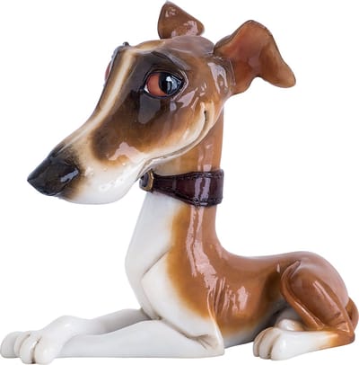 MadDeco - ludiek beeldje Whippet pup - bruin wit - polystone - 11.5 cm hoog - onze kleine vriendjes