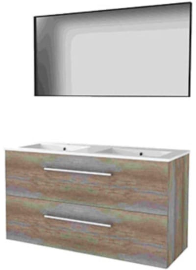 Basic-Line Framed 46 Badkamermeubelset - 120 x 46 cm - Met Grepen - 2 Lades - Keramische Wastafel - 2 Kraangaten - Spiegel met Zwart Aluminium Frame - Scotch Oak