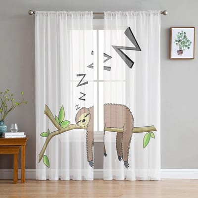 Dier Schattige Luiaard Cartoon Luxe Tule Gordijnen Moderne Woonkamer Keuken Chiffon Gordijn Slaapkamer Transparante Volant Gordijn 135W x 114H(cm) white