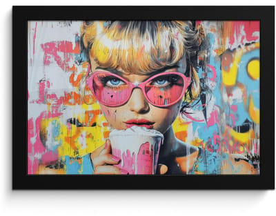 Poster in lijst - Fotolijst 30x20 cm - Posters - Expressief - Milkshake - Vrouw - Felle kleuren - Posterlijst zwart - Decoratie - Wanddecoratie woonkamer - Muurdecoratie slaapkamer