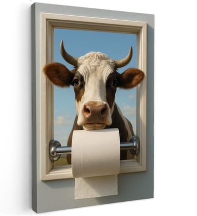 Canvas schilderij - De koe kijkt speels met een toiletrol - 60x40 cm - wc - portret - koe - wcrol - wcpapier - gang - boer