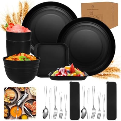 Ultiluxe® Camping Servies Set - 20 Stuks - Picknick Servies - Kampeerbestek Set - 2 Personen - Outdoor Servies - Herbruikbaar - Onbreekbaar - Zwart