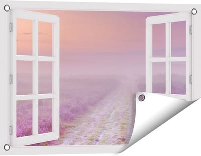 Gards Tuinposter Doorkijk Pad in de Weide tijdens de Mist - 60x40 cm - Tuindoek - Tuindecoratie - Wanddecoratie buiten - Tuinschilderij