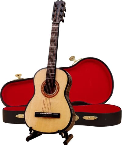 Mini Gitaar - Houten Decoratie - Poppenhuis Meubel - Inclusief Standaard - 10 cm Breed - Natuurlijk Hout