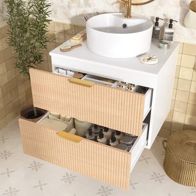 Wishdor Zwevend Badkamermeubel met Waskom - 2 Lades met Vakverdeling - Geribbeld Hout Design - 60x45x60 cm - Eiken / Wit