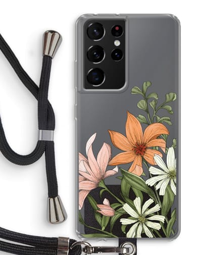 Case Company® - Hoesje met koord geschikt voor Samsung Galaxy S21 Ultra hoesje met Koord - Floral bouquet - Telefoonhoesje met Zwart Koord - Bescherming aan alle Kanten en Over de Schermrand