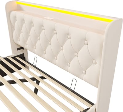 COVREO Bed 140x190 cm wit, kunstleer met LED en hydraulische opbergruimte