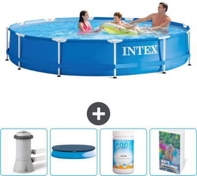 Intex Rond Frame Zwembad - 366 x 76 cm - Blauw - Inclusief Pomp Afdekzeil - Chloor - Zwembadgids