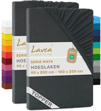 Lavea® Set van 2 Hoeslakens voor Topper 90x200cm - 100x200cm – 100% Katoen Jersey – voor Topper tot 10 cm – met Elastiek rondom – Antraciet