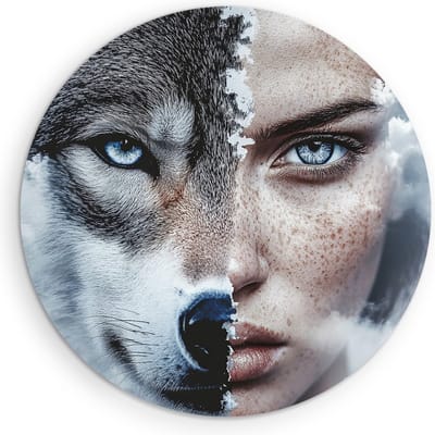 Saammp Muurcirkel Hout - Abstract - Vrouw - wolf - Ø 90 - Wandcirkel - Wanddecoratie Cirkel - Muurdecoratie Woonkamer - Slaapkamer decoratie - Rond Schilderij