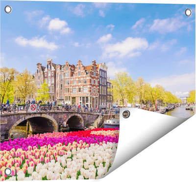Gards Tuinposter Amsterdamse Huisjes aan de Grachten - 50x40 cm - Tuindoek - Tuindecoratie - Wanddecoratie buiten - Tuinschilderij