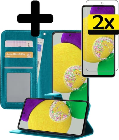 Hoesje - Met 2x Screenprotector - Geschikt voor Samsung Galaxy A52s 5G - Luxe Pasjeshouder - Bookcase Portemonee - Flip Case - Kunstleer Book Case - Flipcase Hoes - Book Cover - Walletcase - Portemonneehoes - Telefoonhoesjes - Turquoise