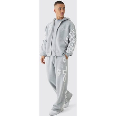 Oversized Boxy Floral Puff Print Zip Through Tracksuit | Grey Marl | Size Small