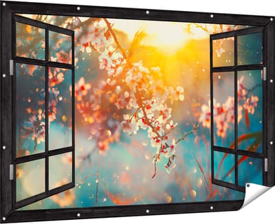 Gards Tuinposter Doorkijk Bloesemboom tijdens Zonsondergang - Bloem - 180x120 cm - Tuindoek - Tuindecoratie - Wanddecoratie buiten - Tuinschilderij