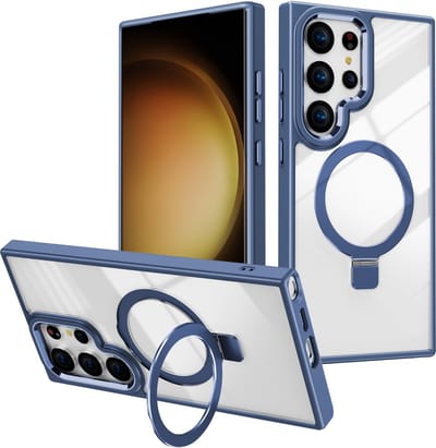 Hoesje Geschikt voor Samsung Galaxy S23 Ultra hoesje Blauw - kickstand Draaibare Ring Houder - Geschikt voor Draadloos Opladen met Magnetische Ring
