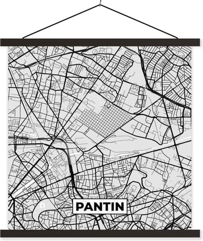 Posterhanger incl. Poster 60x60 cm - Schoolplaat - Kaart - Stadskaart - Frankrijk - Pantin - Plattegrond - Textielposter - Zwarte latten - Stadskaart