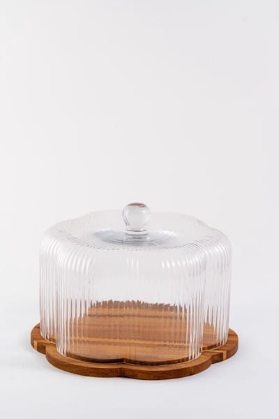 Mevaz - Borosilicaat Taartplateau met Bamboe Onderbord – Ø22.5 cm – Luxe Taartplateau – Deksel met Greep – Elegant Design