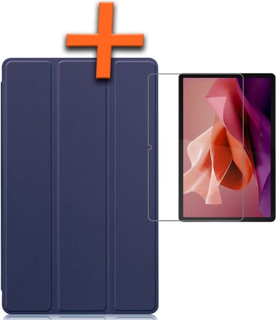 Hoesje - Geschikt voor Lenovo Tab P12 - Met Screenprotector - Trifold Bookcase - Hard Cover Case - Met Uitsparing Geschikt voor Lenovo Pen - Hardcover Book - Tablet Hoes - Donkerblauw