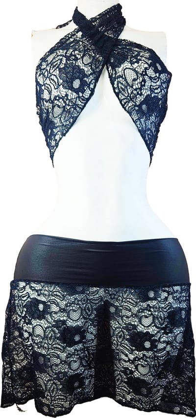 BamBella ® - Erotische Kleding set - S/M - Nep leer kant doorzichtig blauw zwart