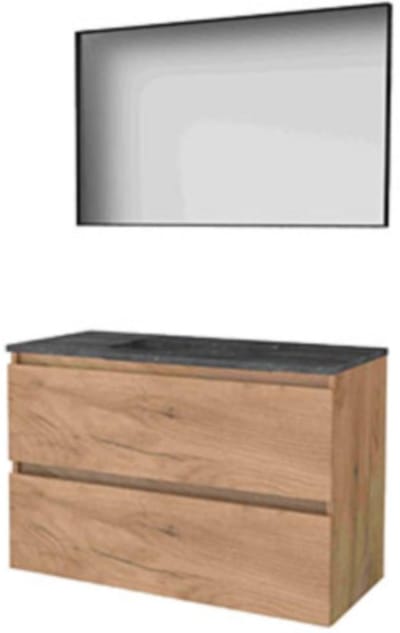 Basic-Line Framed 46 Badkamermeubelset - 100 x 46 cm - Greeploos - 2 Lades - Hardstenen Wastafel - Zonder Kraangat - Spiegel met Zwart Aluminium Frame - Whisky Oak