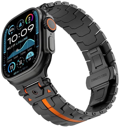 RVS schakel bandje - geschikt voor Apple Watch 1/2/3/4/5/6/7/8/9/10/11/ SE (1,2,3) met maat 38 mm / 40 mm / 41 mm en 42 mm (Watch 10/11) - vlindersluiting - zwart oranje