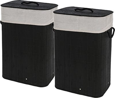 Storage Solutions Wasmand - 2x - bamboe hout - met deksel - zwart - 40 x 30 x 60 cm - 70 liter - opvouwbaar