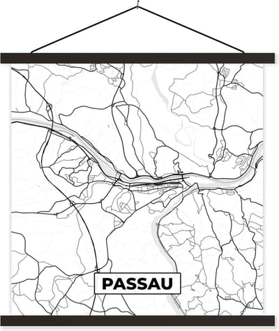 Posterhanger incl. Poster 60x60 cm - Schoolplaat - Kaart - Passau - Plattegrond - Stadskaart - Textielposter - Zwarte latten - Stadskaart