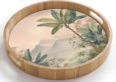 Dienblad rond 40x40 cm - Schootdienblad hout - Tropisch landschap - palmbomen - Bloemen - Roze lucht - Borrelplank rechthoek - Plateau houten dienbladen