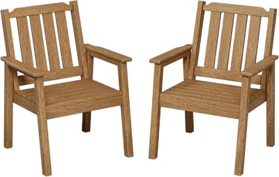 Set van 2 robuuste HDPE tuinstoelen Bruin, 61cm breed met lattenzitting, maximaal draagvermogen 295 kg, weerbestendig modern tuinmeubilair geschikt voor tuin, terras en zwembad