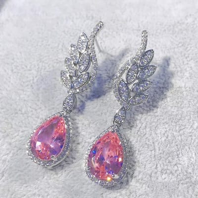 100 % Echt 925 Zilver Roze Topaas Sieraden Hangende Oorbellen Romantische Morganiet Waterdruppel Roze Diamant Vleugels Oorbel Vrouwen Orecchini roze