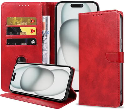 Geschikt voor iPhone 15 Telefoonhoesje Kunstleer met Magnetisch lipje en Pasjeshouder Book Case met Klepje - Rood - Smartphonica geschikt voor iPhone 15