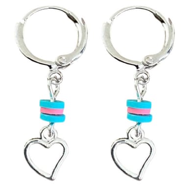 Zilveren oorring- hart bedeltje- roze-blauw-Charme Bijoux