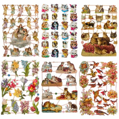 Poëzieplaatjes - 6 vellen - plaatjes - hobby - creatief - decoupage - knutselen - scrapboek - Engelen - Honden - Katten - Bloemen - Vogels - Poezen