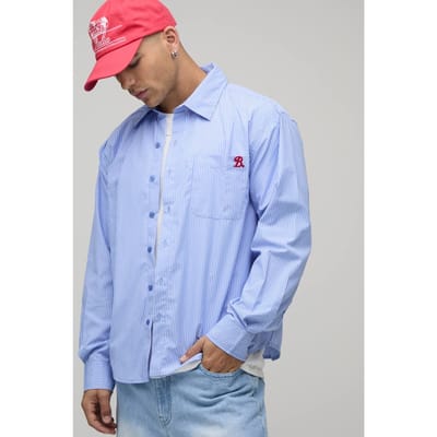 Oversized Gestreept Shirt Met Gebogen Zoom En B-borduursel | Blue | Size XS