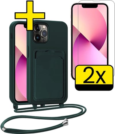Hoesje Geschikt voor iPhone 13 Pro Telefoonhoesje Met Koord Case Pashouder Met 2x Screenprotector Siliconen - Hoes Geschikt voor iPhone 13 Pro Hoesje Met Kaarthouder - Donkergroen